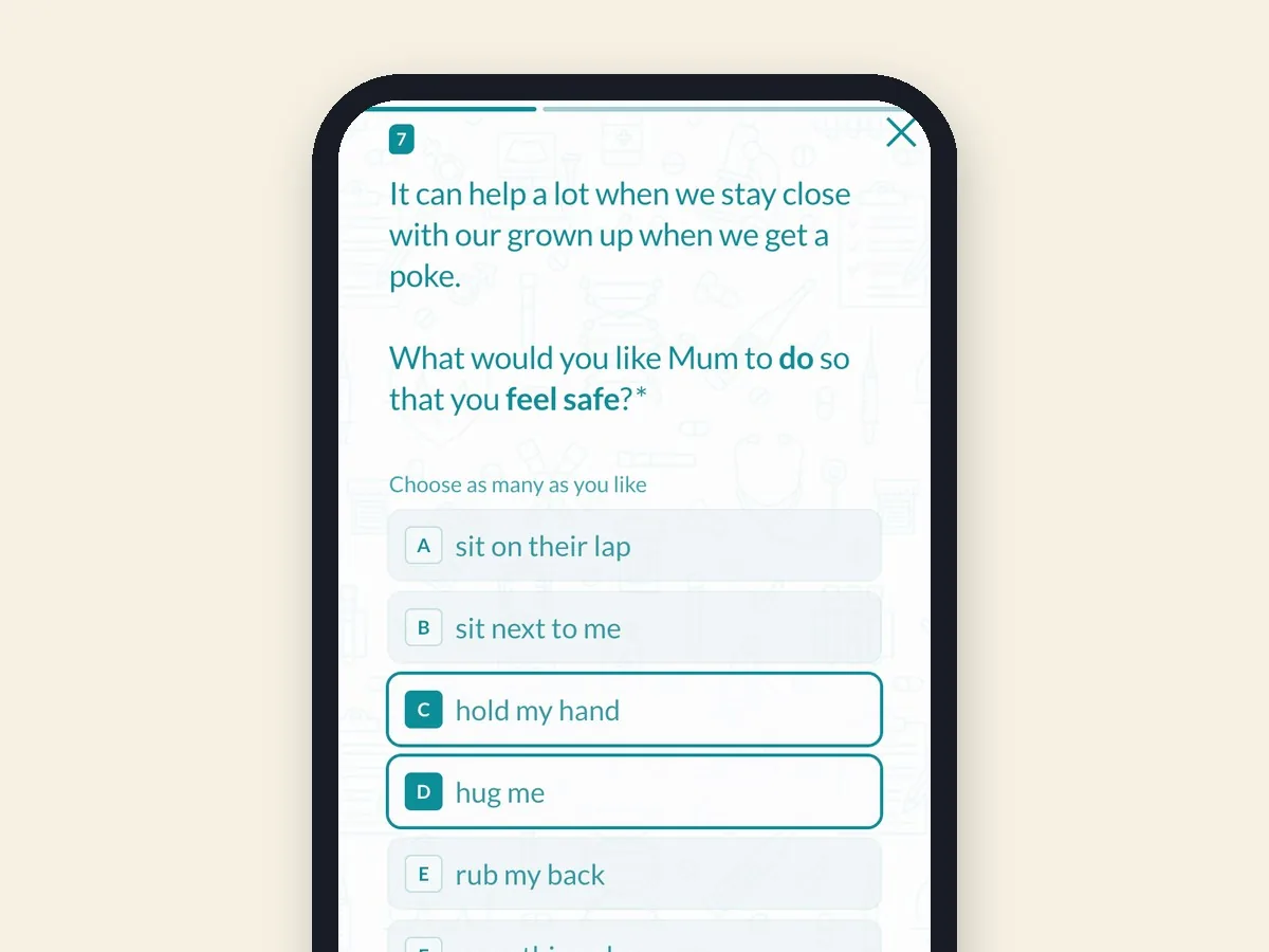 SuperMeg Poke Plan on a phone: a child chooses "hold my hand" and "hug me" as what helps them feel safe