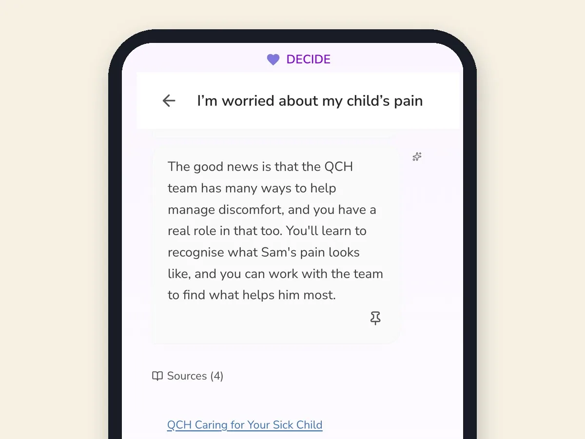DECIDE on a phone: a parent's question about their child's pain, answered with sources from Queensland Children's Hospital