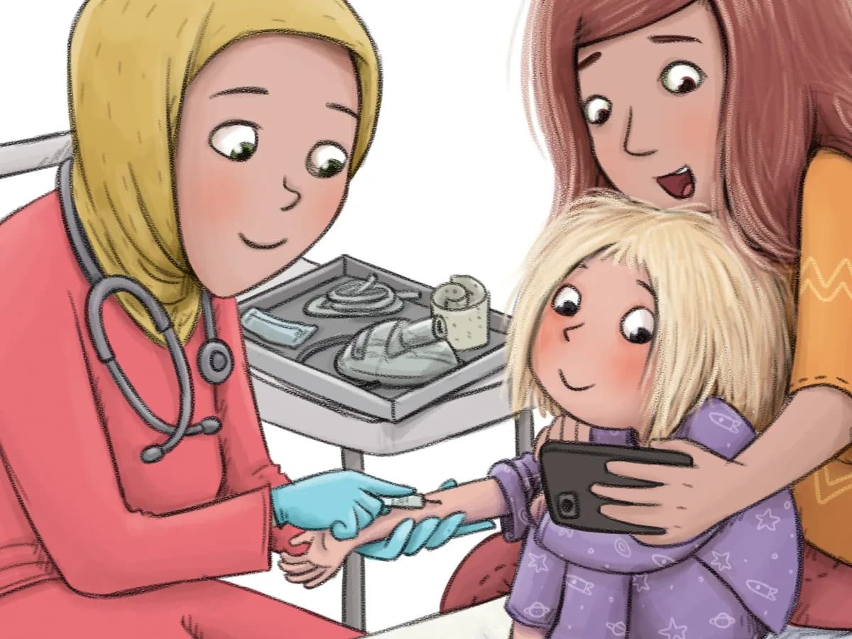Illustration from the CALM Care training: a nurse places a cannula while a child sits on her mum's lap watching a phone